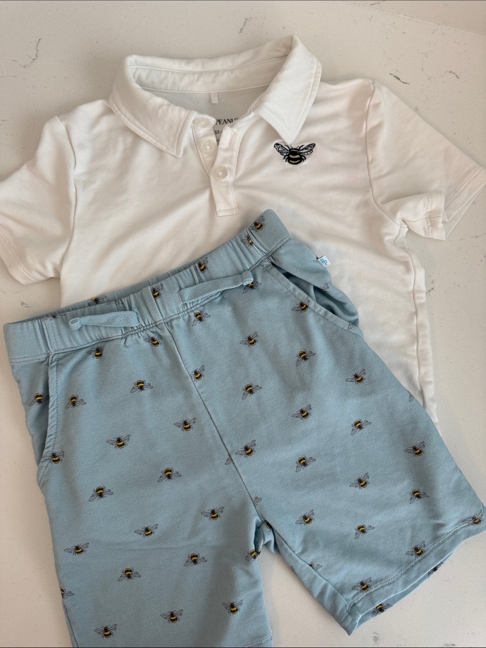 Boys Posh Peanut Matching White Bee Polo & Light Blue Bee Printed Shorts